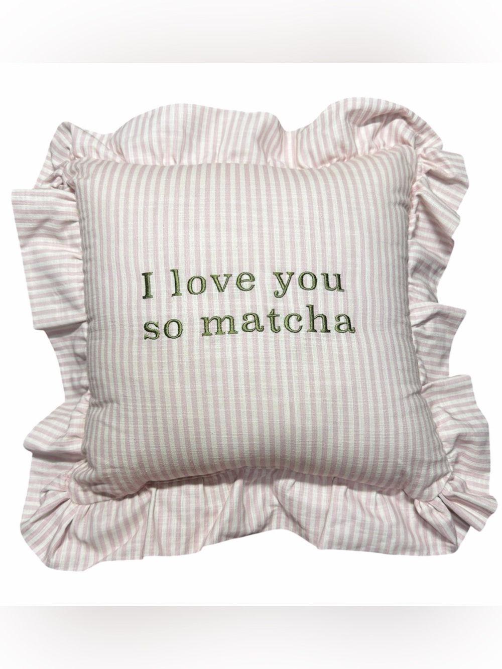Valerie Amelia I Love You So Matcha Pink White Striped Ruffle Decorative Pillow